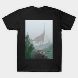 Dinosaurs in fog art print T-Shirt